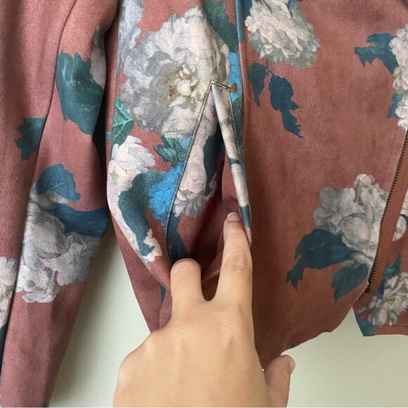 Elie Tahari | Faux Suede Floral Printed Drape Front Zip Jacket Pockets Brown S - Picture 5 of 10